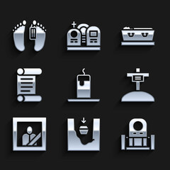 Set Burning candle, Coffin grave, Grave with tombstone, cross, Mourning photo frame, Decree, parchment, scroll, dead and Dead body icon. Vector