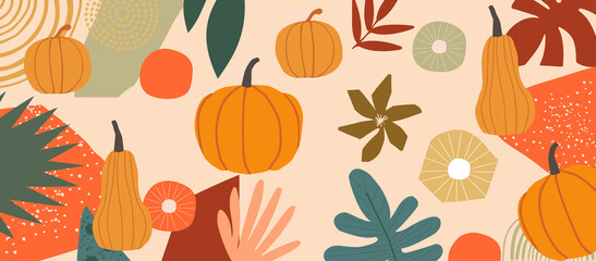 Autumn inspired poster with pumpkins and leaves vector illustration. Fall season background