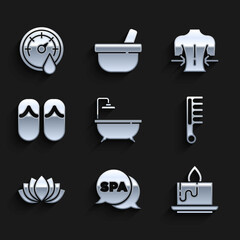 Set Bathtub, Spa salon, Aroma candle, Hairbrush, Lotus flower, Flip flops, Massage and Sauna thermometer icon. Vector