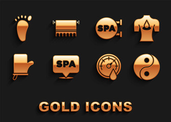 Set Spa salon, Massage with aroma oils, Yin Yang, Sauna thermometer, mittens, Foot massage and Towel hanger icon. Vector