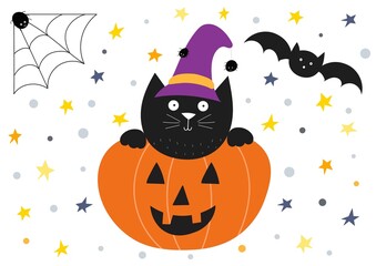 Halloween print with cute black cat and pumpkin. Autumn holiday background in cartoon style with cute halloween characters. Vector illustration