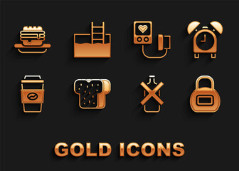 Set Bread toast, Alarm clock, Kettlebell, No alcohol, Coffee cup go, Blood pressure, Junk food and Swimming pool with ladder icon. Vector