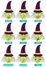 Witch emotions set. Big set of cartoon faces. Halloween character expressing emotions collection. Educational poster for kids. Vector illustration