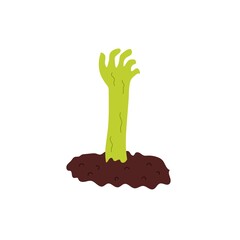 Zombie hand rising from the grave. Green hand of Halloween character isolated element. Vector illustration