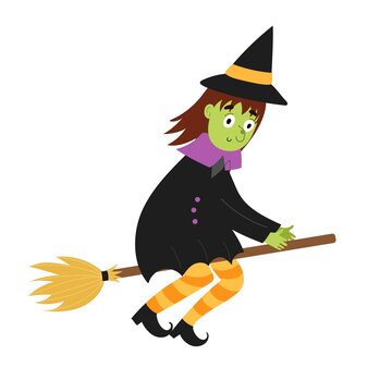Cute witch flying on a broom. Halloween character in the air isolated element. Funny witch in cartoon style for kids design. Vector illustration