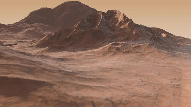 Drone view of the surface of Mars. Flying over Mars during sunset. The sun shines in the horizon with mountains and hills around.