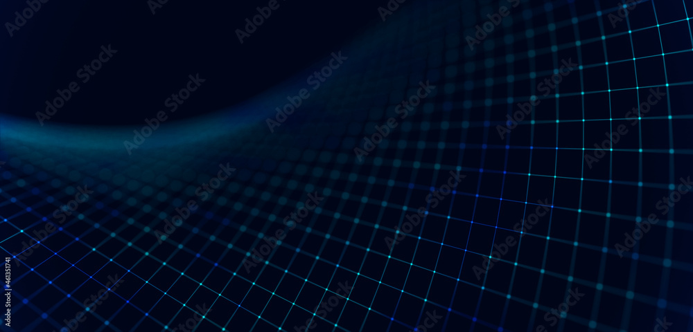 Poster Blue dynamic particles wave. Embossed mesh representing internet connections, cloud computing and neural networks. Data flow. Technology background. 3d rendering.