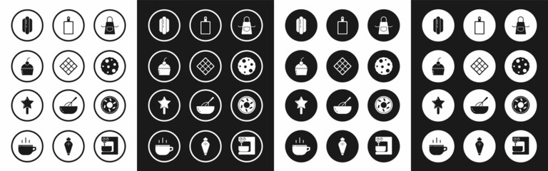 Set Kitchen apron, Waffle, Cake, Hotdog sandwich, Cookie or biscuit, Cutting board, Donut and Lollipop icon. Vector