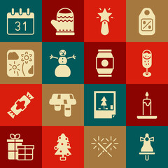 Set Merry Christmas ringing bell, Burning candle, Glass of champagne, star, snowman, Firework rocket, Calendar and Beer icon. Vector