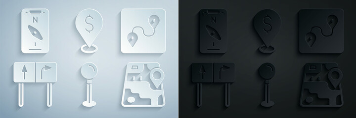 Set Push pin, Route location, Road traffic sign, City map navigation, Cash and Compass mobile icon. Vector