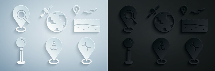 Set Location with anchor, beach, Push pin, Car service, Satellites orbiting the planet and Search location icon. Vector