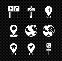 Set Road traffic sign, Location, with house, check mark, and the globe icon. Vector