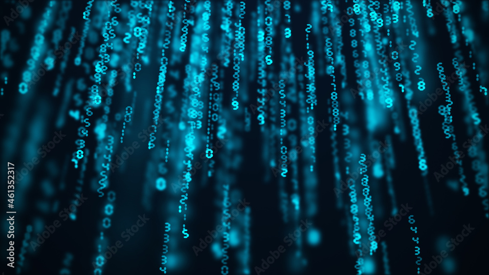 Poster Stream of numbers, modern blue digital background. Virtual reality, abstract matrix background. Data flow, concept of falling money. Computing, data processing, cyber security. 3d rendering.