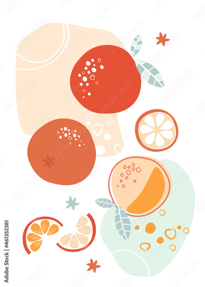 Wall mural contemporary poster of contemporary art with tangerines. fruits, citrus, whole vegetables, sliced, s