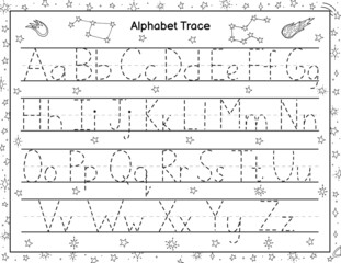 Trace alphabet activity page for kids. Handwriting letters practice. Space black and white worksheet worksheet. Coloring page for preschool. Vector illustration