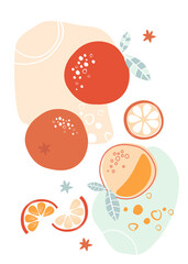 Contemporary poster of contemporary art with tangerines. Fruits, citrus, whole vegetables, sliced, simple shapes, minimalism. Artistic printing. Vector graphics.