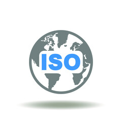 Vector illustration of earth planet with ISO abbreviation. Icon of international organization for standardization. Symbol of ISO standard quality control.
