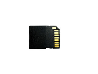 Memory card with gold contacts on the back panel with a high-speed UHS-I bus close-up on a white isolated background