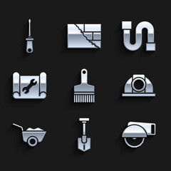 Set Paint brush, Shovel, Electric circular saw, Worker safety helmet, Wheelbarrow, Graphing paper and wrench, Industry pipe and Screwdriver icon. Vector