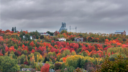 Old mining city Hancock view with colorful autumn foliage in Michigan upper peninsula