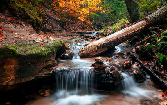 Scenic Wagner water falls in Michigan upper peninsula during autumn time