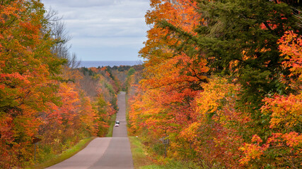 Scenic autumn byway in Black river national forest of Michigan upper peninsula