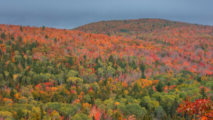 Scenic view of Brockway mountains during autumn time with overcast sky in Michigan upper peninsula - obrazy, fototapety, plakaty