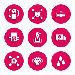 Set Plumber, Water meter, drop, service car, tap, Gas boiler, Industry pipe and valve and Heated towel rail icon. Vector