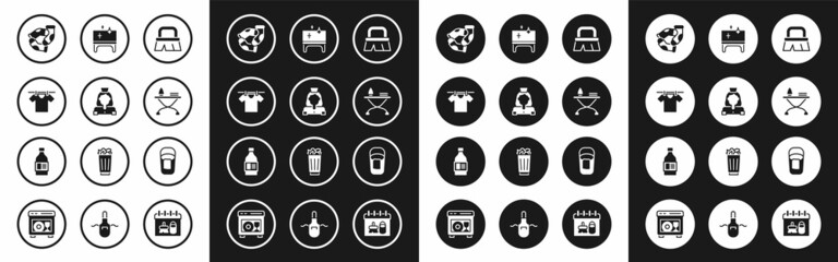 Set Brush for cleaning, Cleaning lady service, Drying clothes, Socks, Iron and ironing board, table, Bucket with rag and Bottle agent icon. Vector