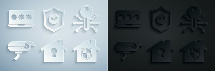 Set House under protection, Smart key, Security camera, Shield with check mark and Laptop password icon. Vector