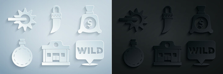 Set Wild west saloon, Money bag, Canteen water bottle, Pointer to wild, Tooth and Spur icon. Vector