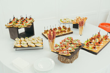 festive buffet table with various snacks of fish and meat