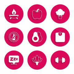 Set Avocado fruit, Lotus flower, Dumbbell, Bathroom scales, Sleepy, No alcohol, Broccoli and Aroma candle icon. Vector