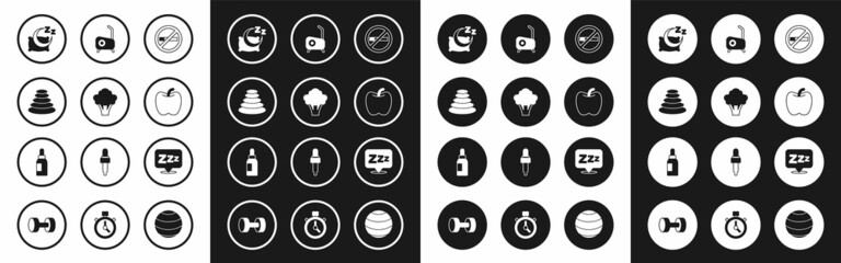 Set No Smoking, Broccoli, Stack hot stones, Time sleep, Apple, Stationary bicycle, Sleepy and Essential oil bottle icon. Vector