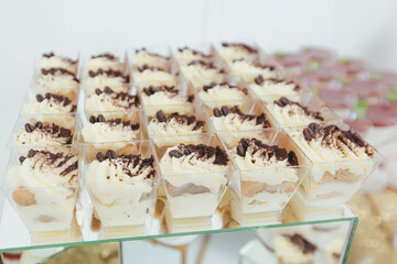 Festive buffet table with delicious desserts of different colors at the wedding ceremony