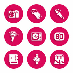 Set Vinyl player, Wrist watch, Short or pants, 90s Retro, Sound mixer controller, cinema camera, Fountain pen nib and Photo icon. Vector