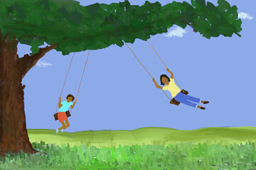 Design: Painting of two children in swings suspended from the sturdy branch of a large tree. 