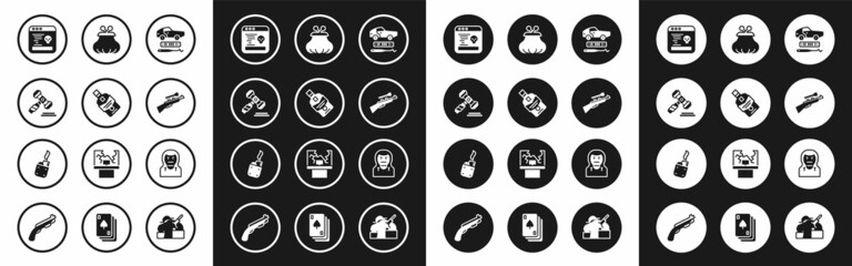 Set Car theft, Whiskey bottle, Judge gavel, System bug, Sniper rifle with scope, Wallet, Thief mask and Lighter icon. Vector