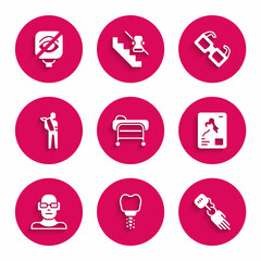 Set Stretcher, Dental implant, Prosthesis hand, X-ray shots, Poor eyesight, Human broken arm, Eyeglasses and Blindness icon. Vector
