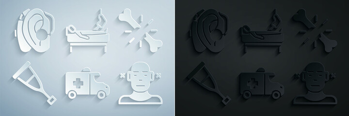 Set Emergency car, Human broken bone, Crutch or crutches, Deaf, Patient with leg and Hearing aid icon. Vector