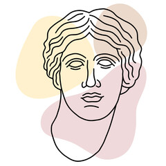 Hand drawn vector of ancient Greek girl head. Illustration of classic greek sculpture in line art style with color spots background.