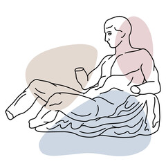 Vector illustration of antique statue of reclining man. Line drawing of ancient greek sculpture with color spots background.