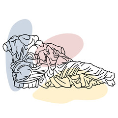 Vector illustration of antique statue of sitting goddesses. Line drawing of ancient greek sculpture with color spots background.
