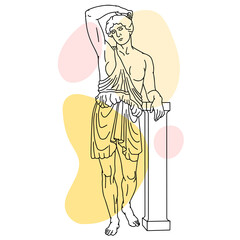 Vector illustration of antique statue of standing woman. Line drawing of ancient greek sculpture with color spots background.