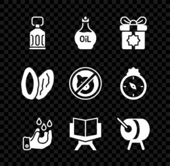 Set Ramadan Kareem lantern, Essential oil bottle, Gift box, Wudhu, Holy book of Koran, drum, Date fruit and No pig icon. Vector
