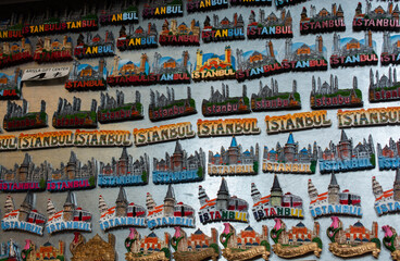 Colorful souvenir magnets of Istanbul city in Turkey for refrigerator