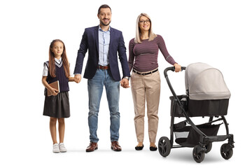Full length portrait of a family with a baby stroller and a schoolgirl - obrazy, fototapety, plakaty