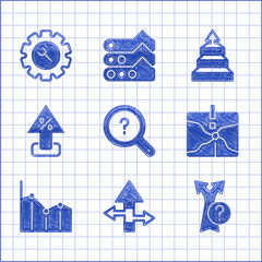 Fototapeta na wymiar Set Unknown search, Arrow, Intersection point, Pie chart infographic, Percent up arrow, Pyramid infographics and Wrench and gear icon. Vector