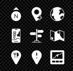 Set Compass, Location, Earth globe, Cafe and restaurant location, with exclamation mark, Gps device map, City navigation and Road traffic sign icon. Vector