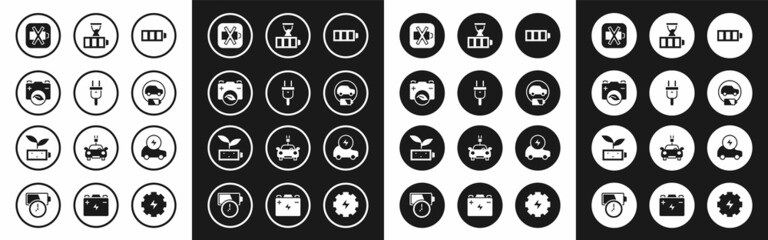 Set Battery charge, Electric plug, Eco nature leaf battery, Low, car, and icon. Vector